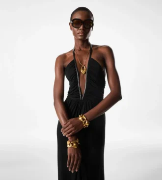 Vestido de noche con cuello en V profundo de jersey elástico