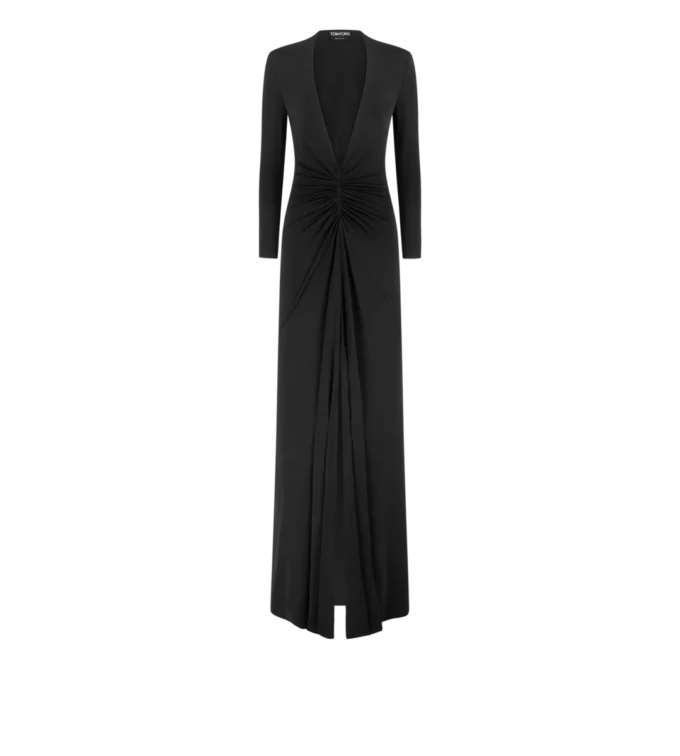 Vestido de noche con cuello en V profundo y tejido elástico «Sable» Vestido de noche con cuello en V profundo y tejido elástico «Sable»