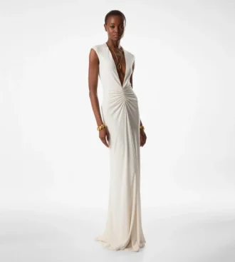 Vestido de noche con cuello en V profundo y tejido elástico «Sable»