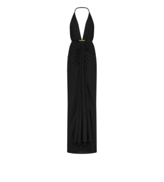 Vestido de noche con cuello en V y detalle drapeado en cascada