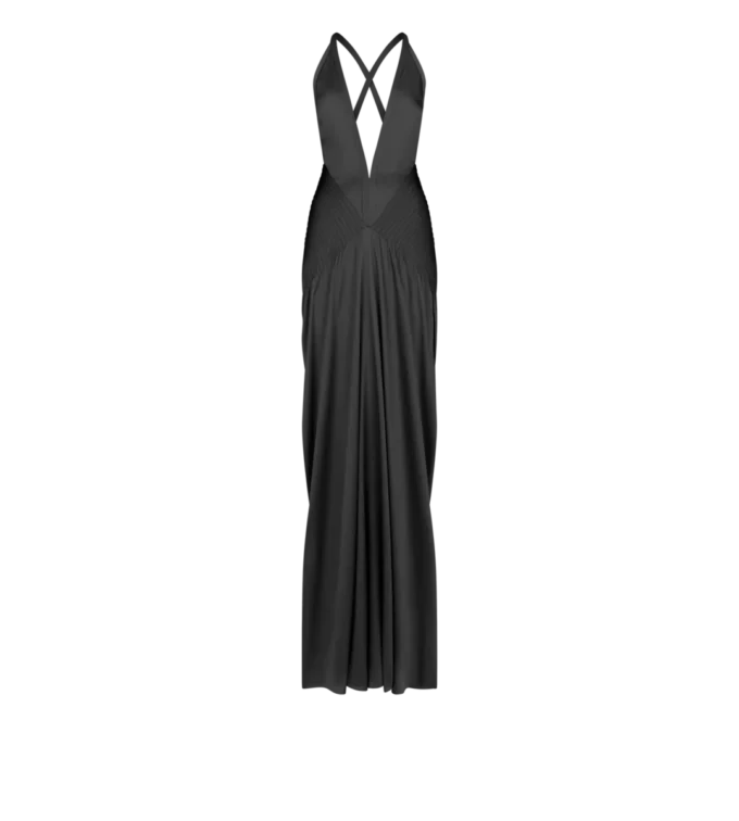 Vestido de noche con cuello halter, escote en V profundo y aberturas laterales Vestido de noche con cuello halter, escote en V profundo y aberturas laterales