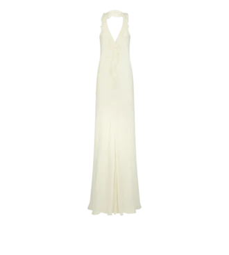 Vestido de noche con cuello halter y detalle de volantes
