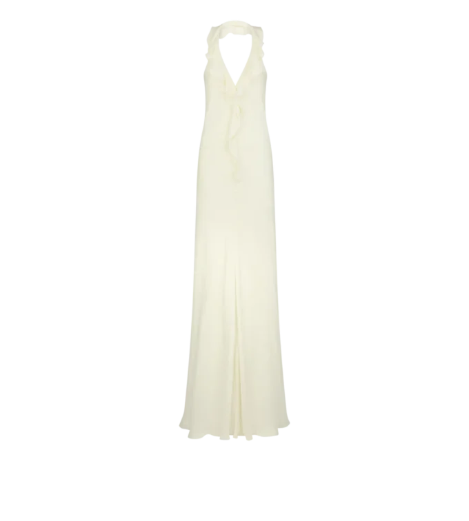 Vestido de noche con cuello halter y detalle de volantes Vestido de noche con cuello halter y detalle de volantes