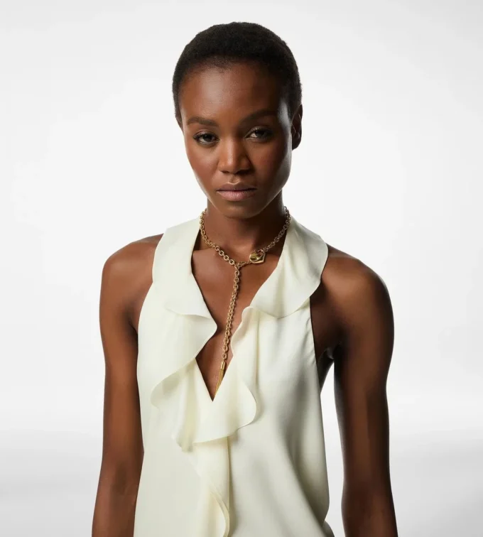 Vestido de noche con cuello halter y detalle de volantes Vestido de noche con cuello halter y detalle de volantes