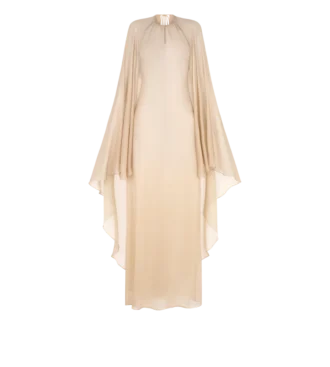 Vestido de noche con escote en forma de ojo de cerradura y capa asimétrica