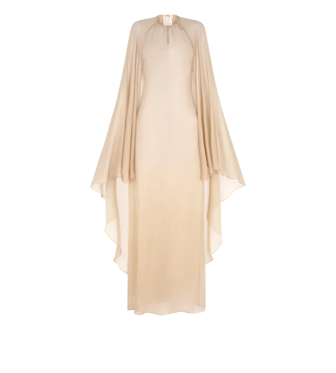 Vestido de noche con escote en forma de ojo de cerradura y capa asimétrica