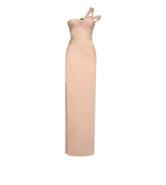 Vestido de noche con un solo hombro y detalle retorcido en la parte delantera