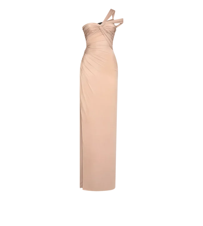 Vestido de noche con un solo hombro y detalle retorcido en la parte delantera Vestido de noche con un solo hombro y detalle retorcido en la parte delantera