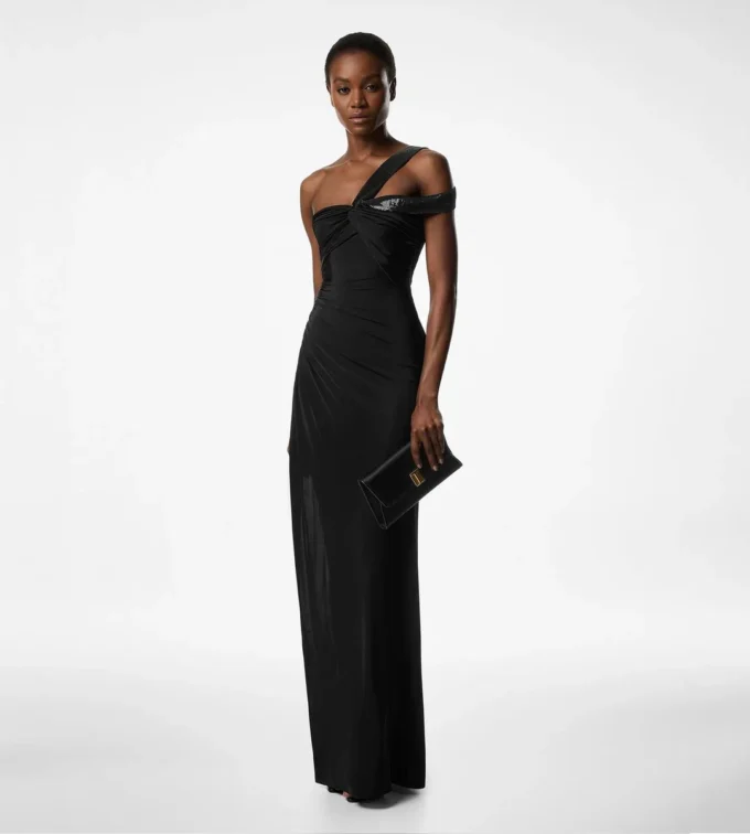 Vestido de noche con un solo hombro y detalle retorcido en la parte delantera Vestido de noche con un solo hombro y detalle retorcido en la parte delantera