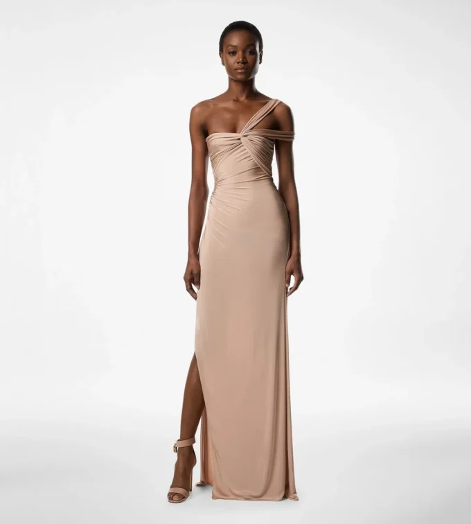 Vestido de noche con un solo hombro y detalle retorcido en la parte delantera Vestido de noche con un solo hombro y detalle retorcido en la parte delantera