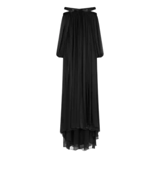 Vestido de noche de hombros descubiertos de gasa de seda bordada