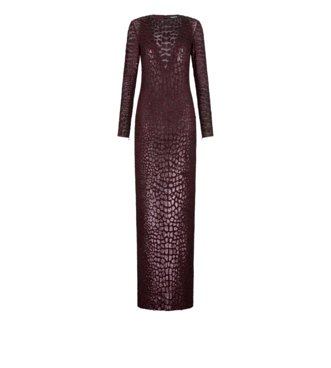 Vestido de noche de manga larga con efecto cocodrilo bordado Vestido de noche de manga larga con efecto cocodrilo bordado