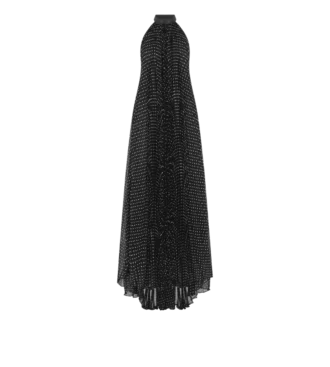 Vestido de noche de seda con cuello halter, plisado rayos de sol y detalles de cuero
