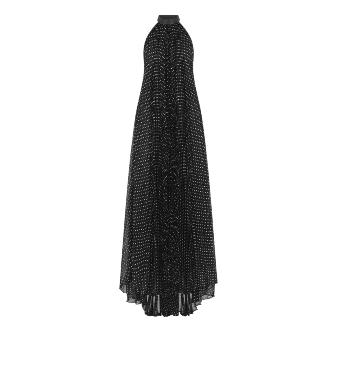 Vestido de noche de seda con cuello halter, plisado rayos de sol y detalles de cuero Vestido de noche de seda con cuello halter, plisado rayos de sol y detalles de cuero