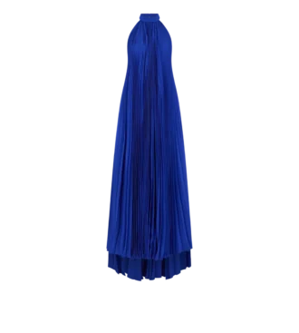 Vestido de noche de seda con cuello halter y plisado en forma de rayos de sol
