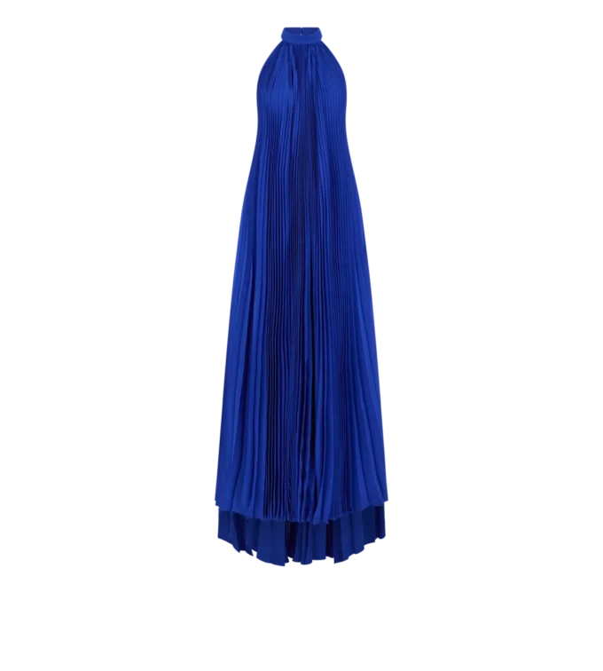 Vestido de noche de seda con cuello halter y plisado en forma de rayos de sol Vestido de noche de seda con cuello halter y plisado en forma de rayos de sol