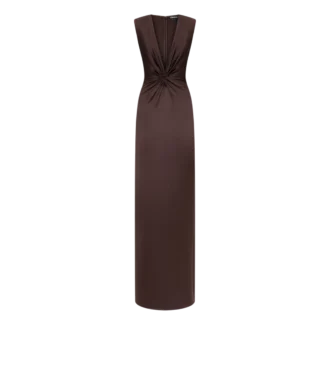Vestido de noche de seda sin mangas con escote en V profundo y detalle retorcido en la parte delantera