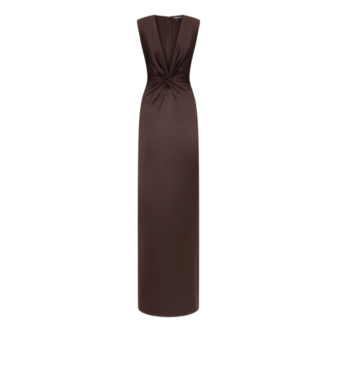 Vestido de noche de seda sin mangas con escote en V profundo y detalle retorcido en la parte delantera Vestido de noche de seda sin mangas con escote en V profundo y detalle retorcido en la parte delantera