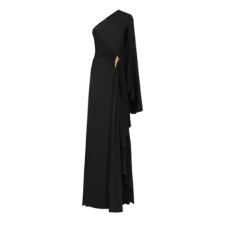 Vestido de noche de un solo hombro con capa y detalles metálicos Liza