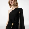 Vestido de noche de un solo hombro con capa y detalles metálicos Liza Vestido de noche de un solo hombro con capa y detalles metálicos Liza