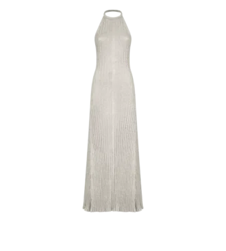 Vestido largo con cuello halter, espalda abierta y placa metálica de Tom Ford