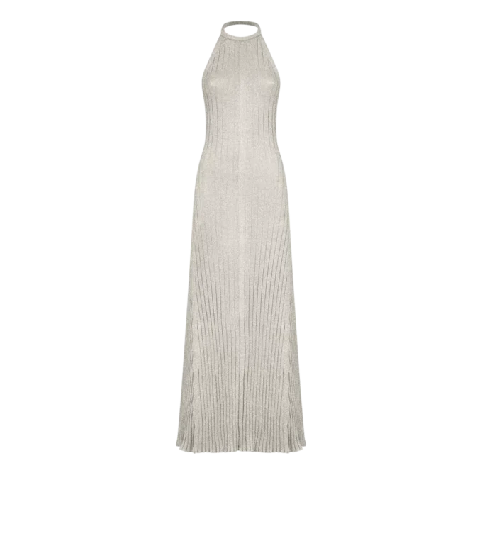 Vestido largo con cuello halter, espalda abierta y placa metálica de Tom Ford Vestido largo con cuello halter, espalda abierta y placa metálica de Tom Ford