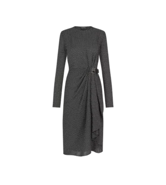 Vestido largo de manga larga de seda estampada con detalles de cuero
