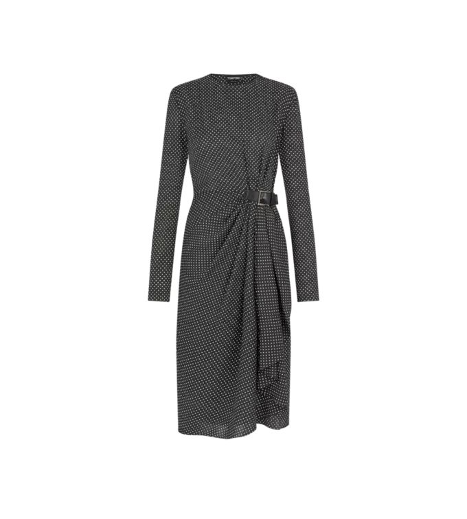 Vestido largo de manga larga de seda estampada con detalles de cuero Vestido largo de manga larga de seda estampada con detalles de cuero