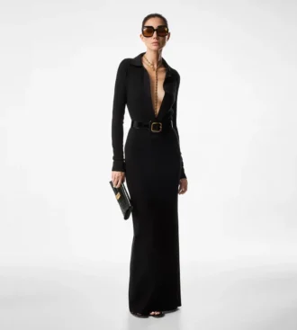 Vestido largo tipo polo de lana elástica con punto completo