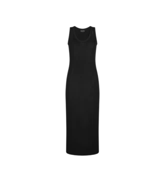 Vestido sin mangas de largo medio con ribetes adornados con micro lentejuelas