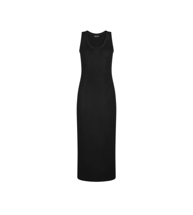 Vestido sin mangas de largo medio con ribetes adornados con micro lentejuelas Vestido sin mangas de largo medio con ribetes adornados con micro lentejuelas