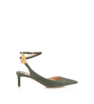 Zapatos de tacón con talón abierto y cierre de padlock en piel de ante con efecto lagarto