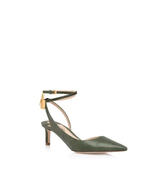 Zapatos de tacón con talón abierto y cierre de padlock en piel de ante con efecto lagarto