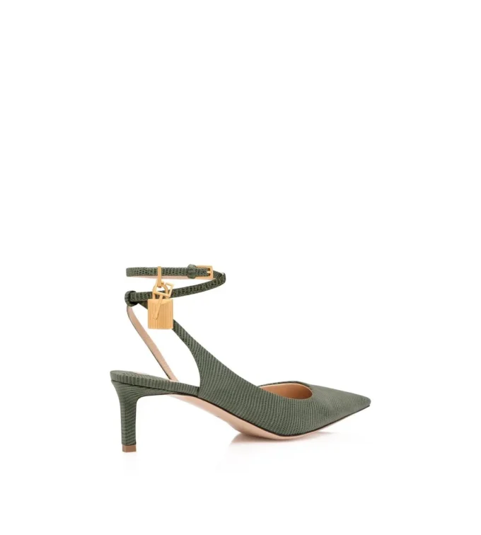 Zapatos de tacón con talón abierto y cierre de padlock en piel de ante con efecto lagarto Zapatos de tacón con talón abierto y cierre de padlock en piel de ante con efecto lagarto