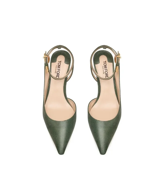 Zapatos de tacón con talón abierto y cierre de padlock en piel de ante con efecto lagarto Zapatos de tacón con talón abierto y cierre de padlock en piel de ante con efecto lagarto
