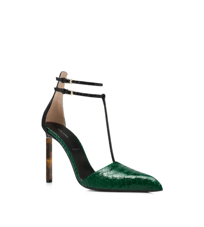 Zapatos de tacón con tira en T de pitón estampado Zapatos de tacón con tira en T de pitón estampado